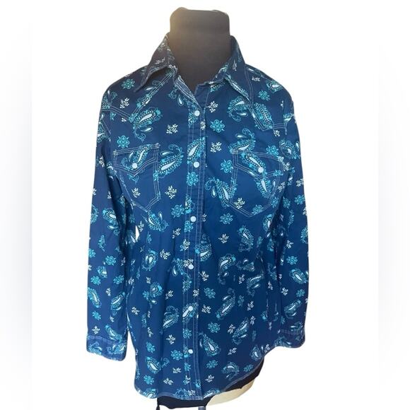 Wrangler Blue Paisley Western Rodeo Cowgirl Retro Ranch Button Front Blouse M - Picture 1 of 6